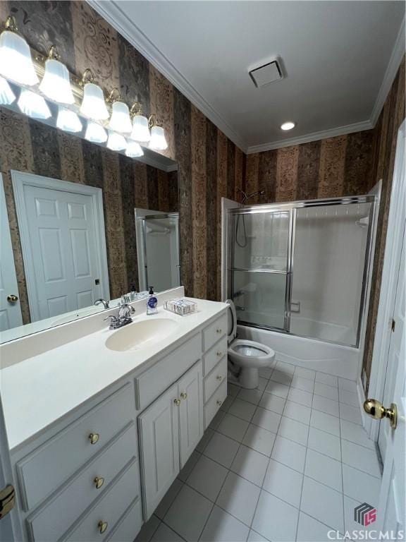 full bath with wallpapered walls, ornamental molding, combined bath / shower with glass door, and tile patterned floors