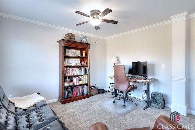 office area with ornamental molding and carpet flooring