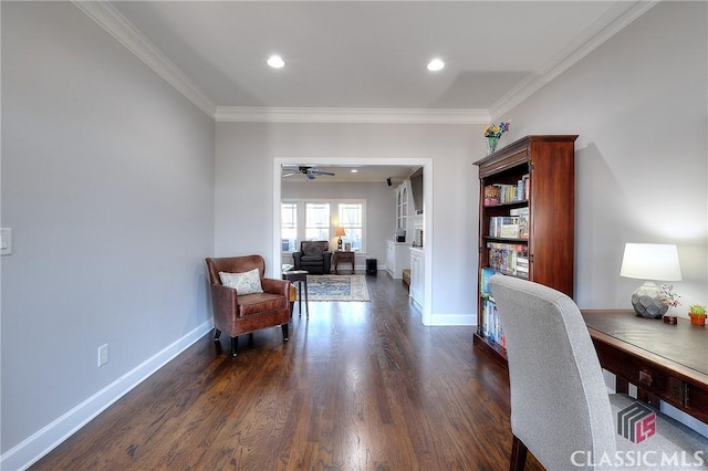 office area with recessed lighting, baseboards, dark wood-type flooring, and ornamental molding