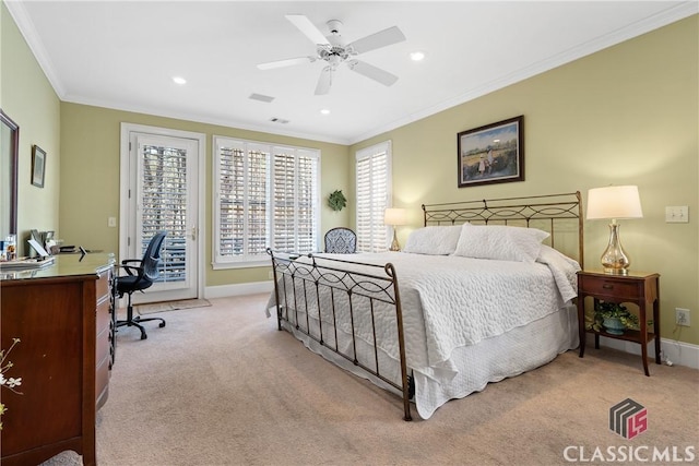 carpeted bedroom with crown molding, access to outside, and baseboards