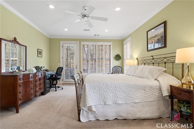 bedroom featuring light colored carpet, recessed lighting, crown molding, and a ceiling fan