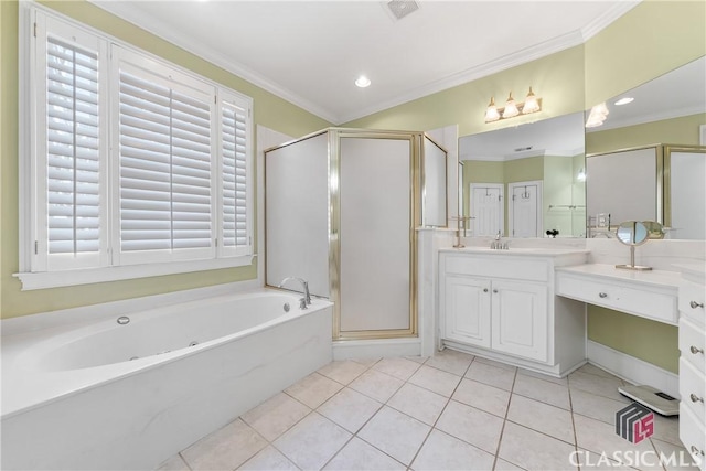 bathroom featuring crown molding, visible vents, vanity, a bath, and a shower stall
