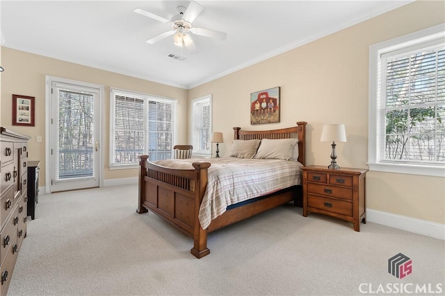 bedroom with baseboards, visible vents, light colored carpet, and access to exterior