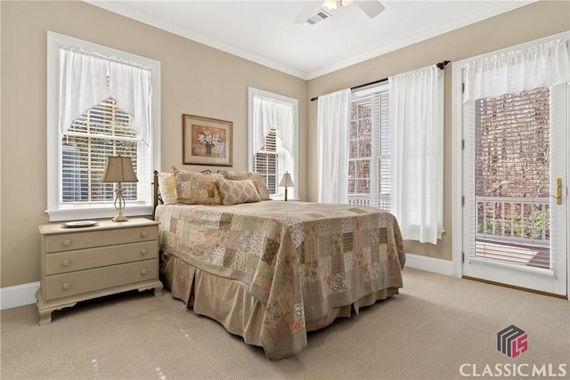 bedroom with crown molding, visible vents, baseboards, access to outside, and light colored carpet