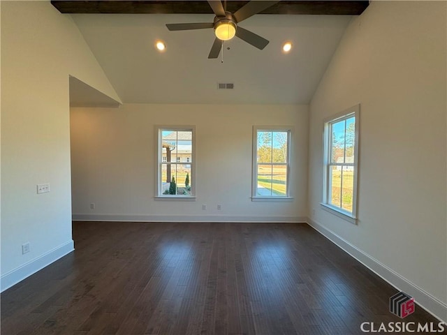 empty room with dark wood-style floors, baseboards, visible vents, and recessed lighting