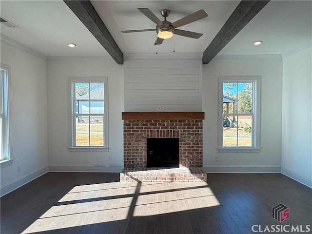 unfurnished living room featuring visible vents, a fireplace, dark wood finished floors, and beam ceiling