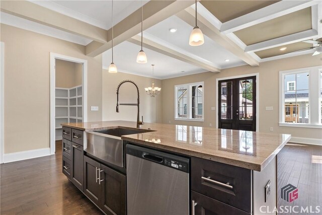 1380 Melody Bnd Unit 45, Watkinsville, GA 30677 - kitchen featuring dark wood-type flooring, stainless steel dishwasher, a sink, and beam ceiling