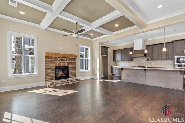 1380 Melody Bnd Unit 45, Watkinsville, GA 30677 - unfurnished living room featuring visible vents, dark wood-style flooring, baseboards, and coffered ceiling