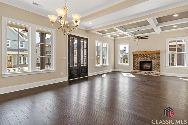 1380 Melody Bnd Unit 45, Watkinsville, GA 30677 - unfurnished living room featuring baseboards, visible vents, dark wood-style flooring, and beamed ceiling