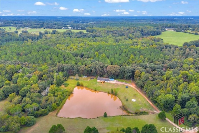 aerial view featuring a water view and a view of trees