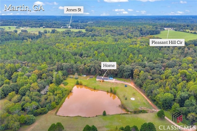 bird's eye view featuring a water view and a view of trees