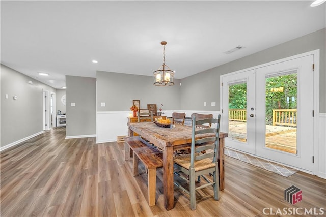 dining room with recessed lighting, visible vents, baseboards, french doors, and light wood-type flooring