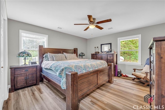 bedroom with light wood-style floors, baseboards, and visible vents