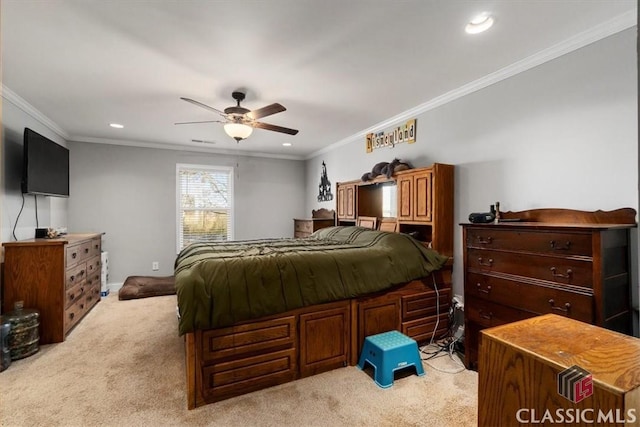 bedroom with carpet floors, crown molding, and recessed lighting