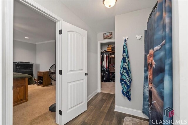 bedroom with light carpet, ceiling fan, crown molding, a closet, and recessed lighting