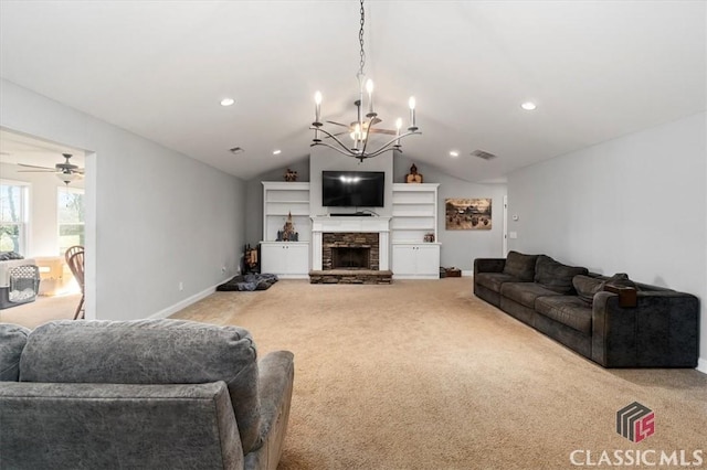 living room featuring carpet floors, a fireplace, lofted ceiling, recessed lighting, and baseboards