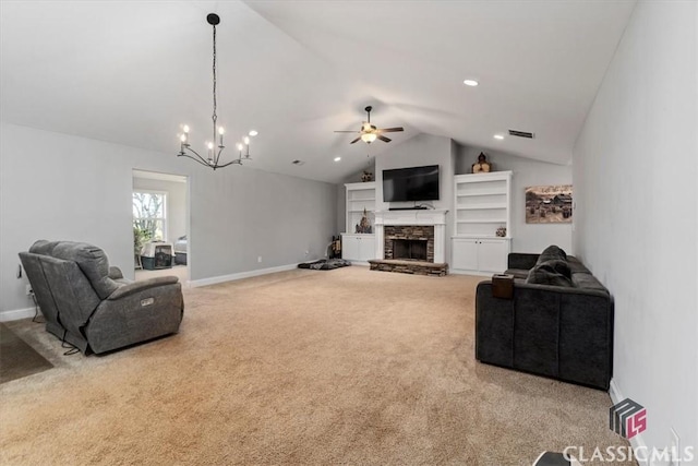 carpeted living room with visible vents, a fireplace, baseboards, and vaulted ceiling