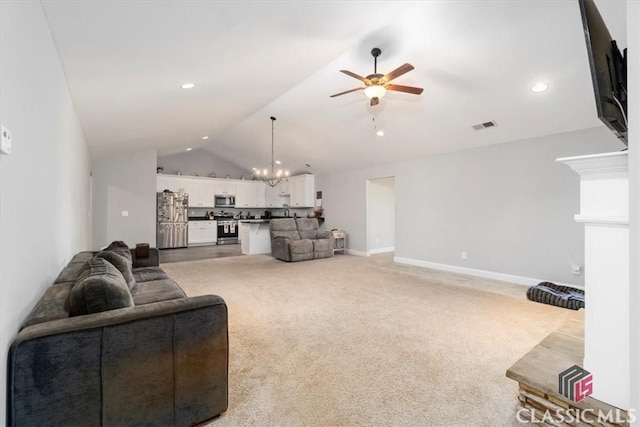 living area featuring lofted ceiling, light colored carpet, ceiling fan with notable chandelier, visible vents, and baseboards