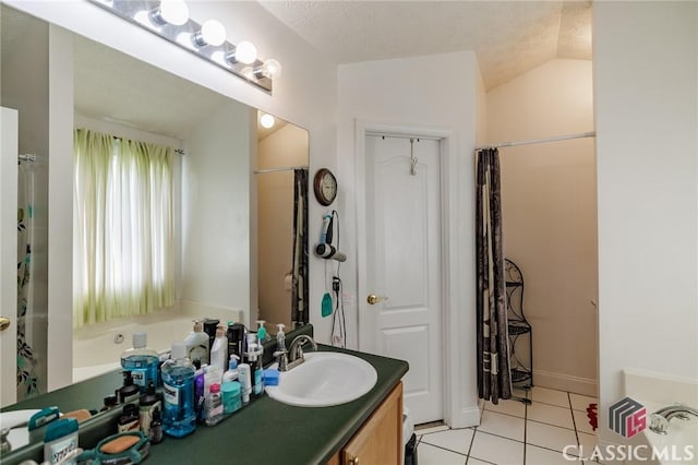 bathroom with a tub to relax in, tile patterned floors, curtained shower, vaulted ceiling, and vanity