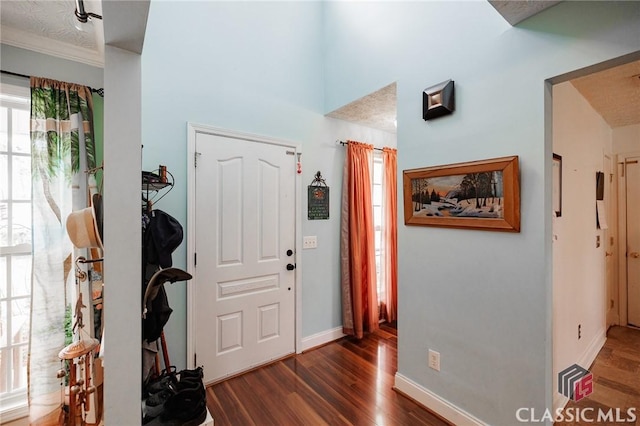 foyer entrance with dark wood finished floors and baseboards