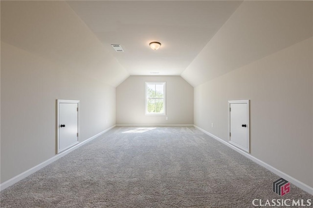 additional living space with visible vents, baseboards, vaulted ceiling, and carpet floors