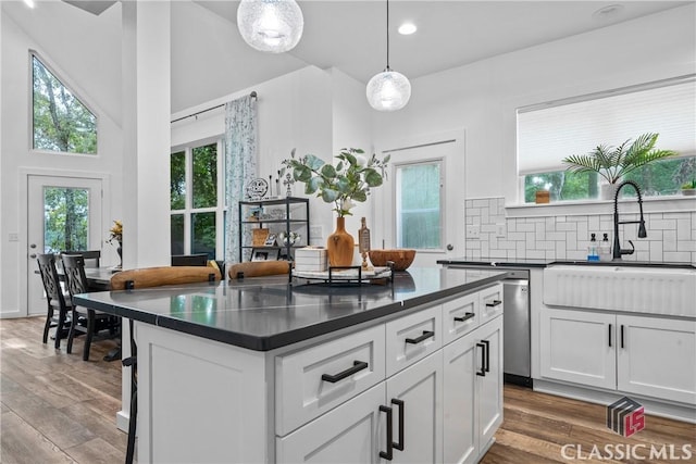 kitchen featuring a wealth of natural light, dark countertops, decorative backsplash, a sink, and wood finished floors