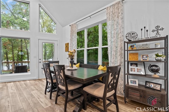 dining space featuring high vaulted ceiling and wood finished floors