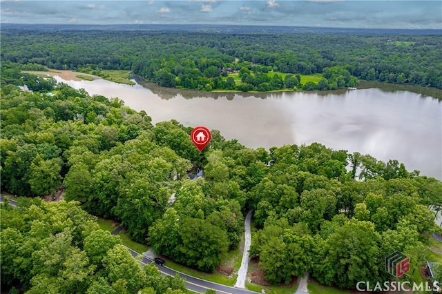 birds eye view of property with a water view and a view of trees