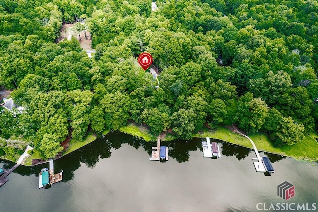 drone / aerial view featuring a water view