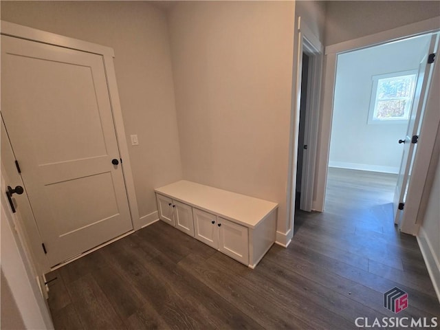 mudroom with dark wood-style floors and baseboards