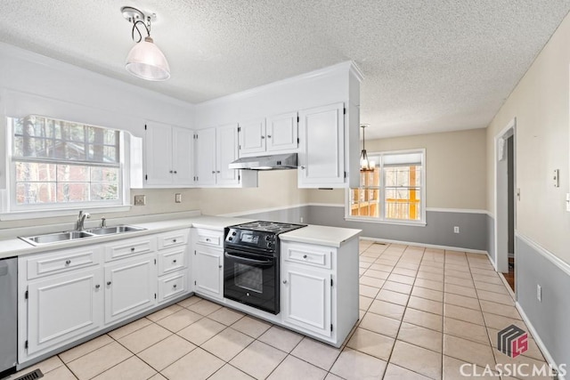 kitchen with white cabinets, black / electric stove, a healthy amount of sunlight, under cabinet range hood, and a sink