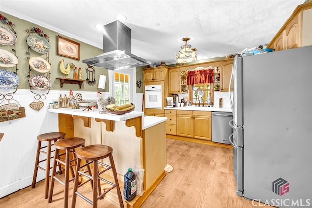 kitchen with island range hood, wainscoting, a kitchen breakfast bar, a peninsula, and stainless steel appliances