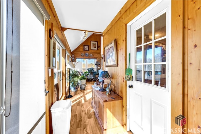 doorway with vaulted ceiling, wood walls, and wood finished floors