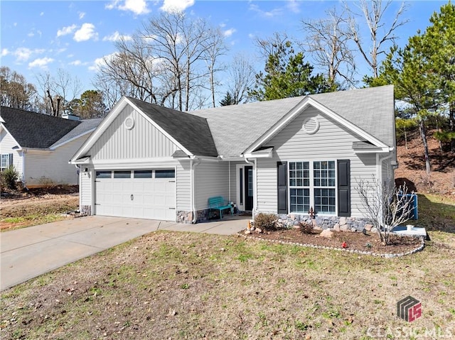 ranch-style house with an attached garage, a shingled roof, driveway, a front lawn, and board and batten siding