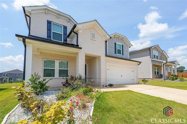 view of front of house featuring a garage, driveway, a front lawn, and stucco siding