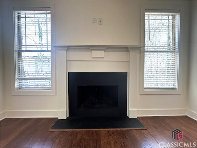 details featuring a fireplace with flush hearth, baseboards, and wood finished floors