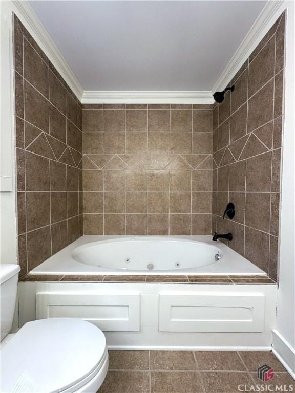 bathroom featuring a combined bath / shower with jetted tub, crown molding, and toilet