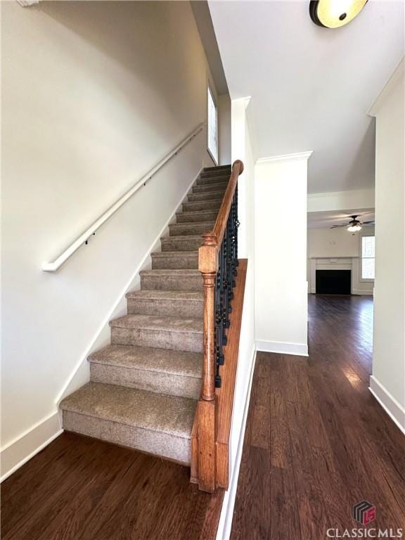 stairway featuring ceiling fan, a fireplace, baseboards, and wood finished floors