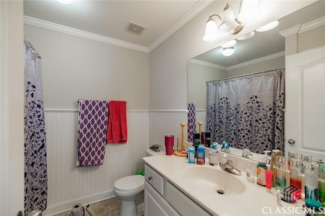 full bath with a wainscoted wall, toilet, visible vents, and vanity