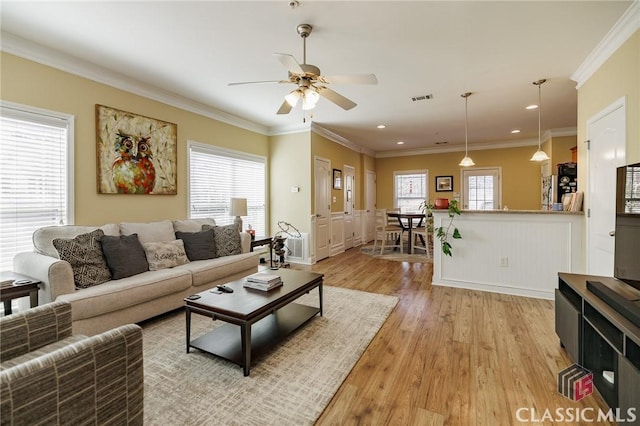 living area featuring visible vents, light wood finished floors, a ceiling fan, and crown molding