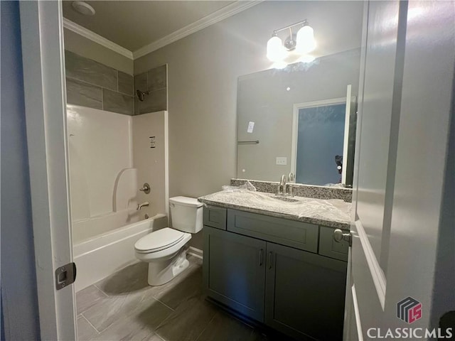 bathroom featuring ornamental molding, shower / bath combination, vanity, and toilet