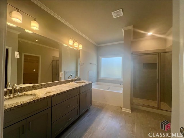 full bath with a bath, a shower stall, double vanity, and a sink