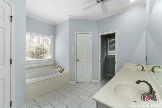 full bathroom with a garden tub, ornamental molding, a sink, and tile patterned floors