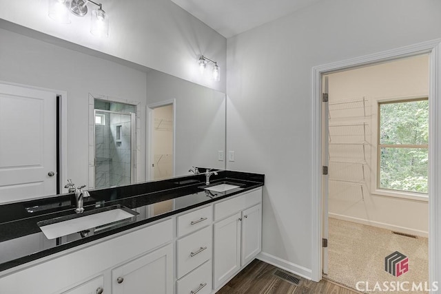 full bathroom featuring a shower stall, a spacious closet, visible vents, and a sink