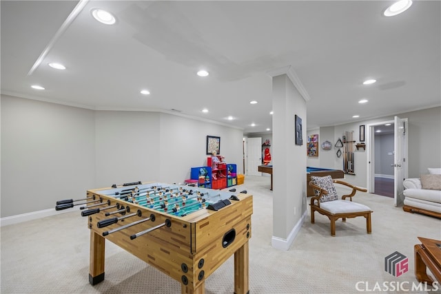 recreation room with recessed lighting and light colored carpet