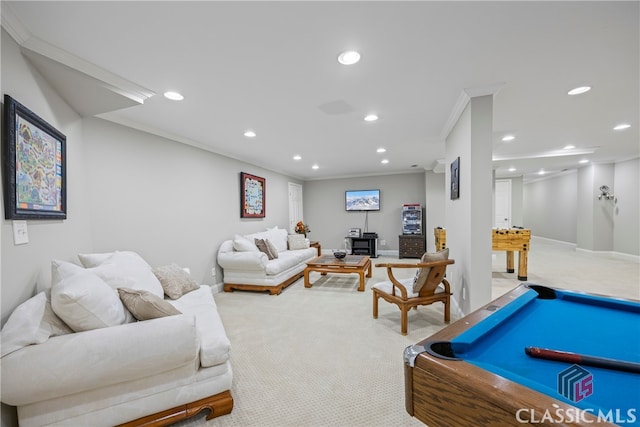 recreation room featuring recessed lighting, light carpet, billiards, baseboards, and ornamental molding