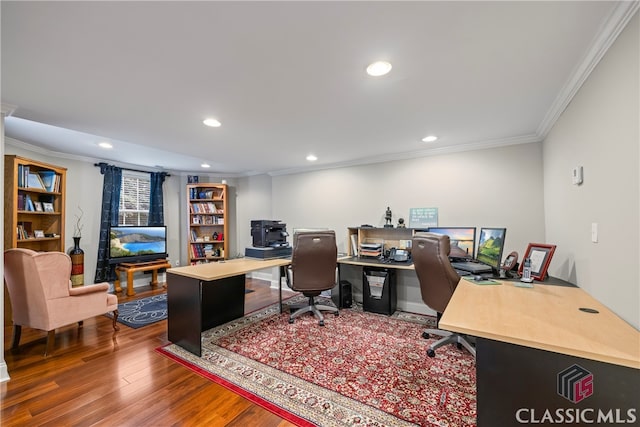 home office with ornamental molding, recessed lighting, and wood finished floors