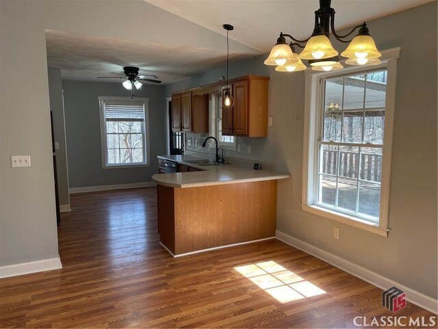 kitchen featuring a sink, baseboards, and wood finished floors