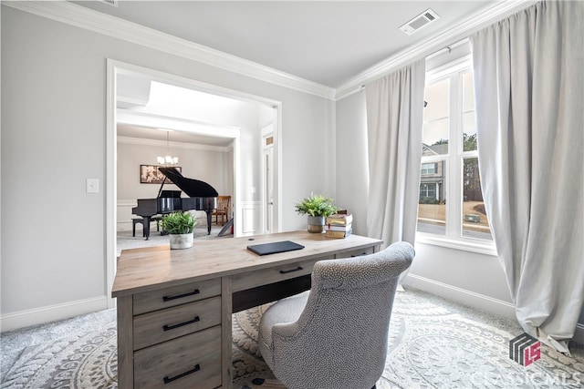 office with baseboards, visible vents, an inviting chandelier, ornamental molding, and light colored carpet