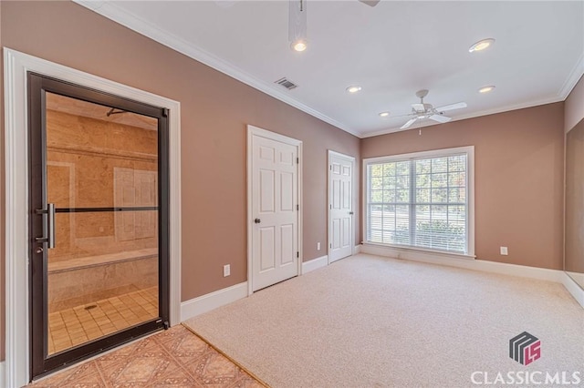 unfurnished bedroom featuring recessed lighting, visible vents, connected bathroom, crown molding, and baseboards